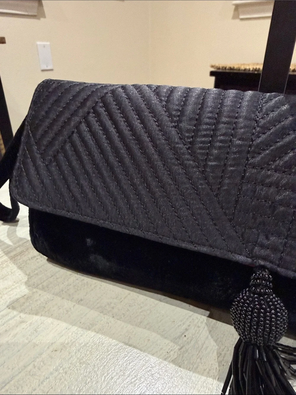 Vintage Black Velvet Fold-Over Clutch with Decorative Tassel